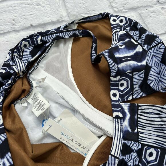 Bleu Rod Beattie Blue Ikat Plus 20W High Neck Lattice-Front Tankini Top Slimming - Picture 5 of 6